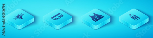 Set Isometric Deer antlers on shield, Hunting cartridge belt, Spray against insects and jacket icon. Vector