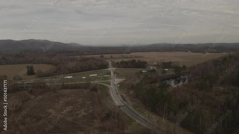 Drone down shot of the main road artery of a rural highway