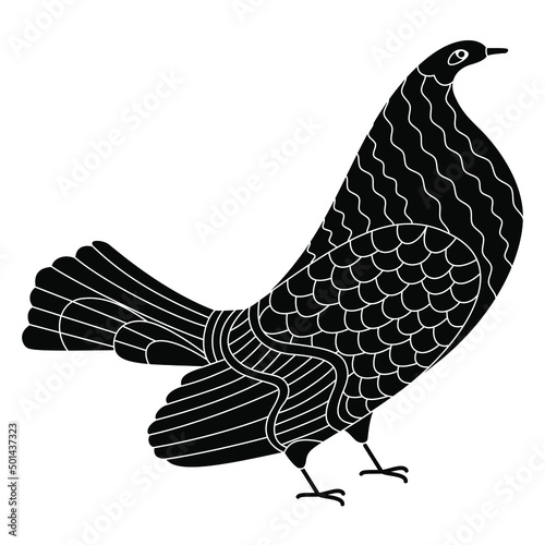 Stylized bird. Dove or pigeon. Black and white negative silhouette. Ancient Greek animal design. Vase painting style. Isolated vector illustration.