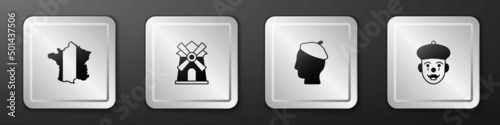 Set Map of France, Windmill, French man and mime icon. Silver square button. Vector