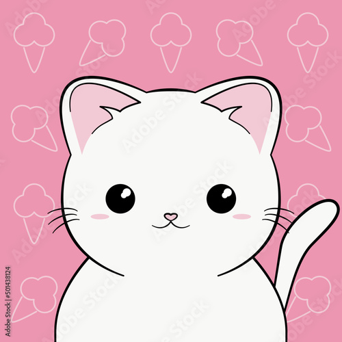 Biały kotek - portret na różowym tle w deseń z lodami. Wektorowa ilustracja zadowolonego, siedzącego kota. Słodki, uroczy zwierzak. 