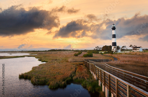 Overview of Bodie Island Lighthouse at Nags Head, Outer banks, North Carolina, USA. The lighthouse was built in 1872 and stands 156 ft tall and is located on the Roanoke Sound side, NC.