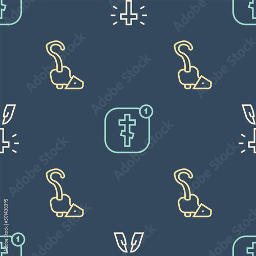 Set line Hands in praying position, Magic staff and Online church pastor preaching on seamless pattern. Vector