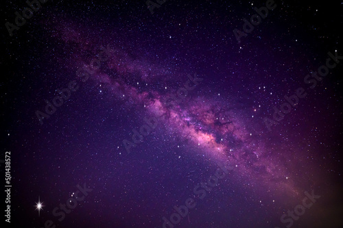 purple  night sky milky way and star on dark background.Universe filled with stars, nebula and galaxy with noise and grain.Photo by long exposure and select white balance. 