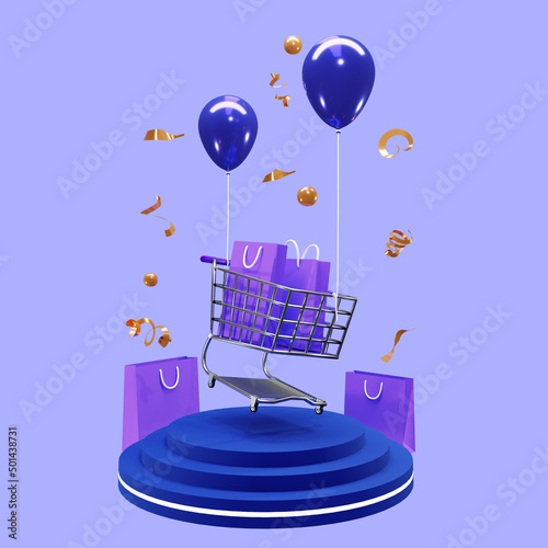 3d rendering of podium with flying shopping chart and balloons