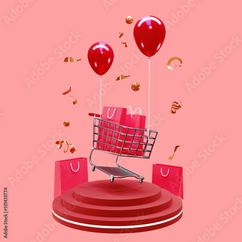 3d rendering of podium with flying shopping chart and balloons