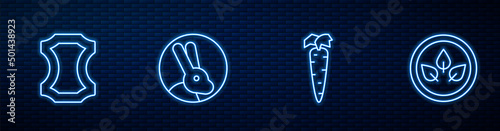 Set line Carrot, Leather, Rabbit and Vegan food diet. Glowing neon icon on brick wall. Vector