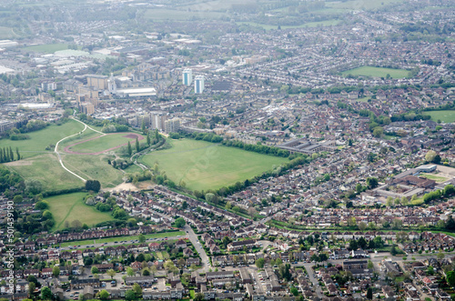 Aerial view of Feltham Running Track in Hounslow, London