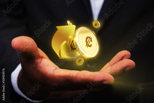 3d rendering of Costa Rican colon coins concept floating over palm of Business man, Digital currency suspending over hand. hologram in from palm photo