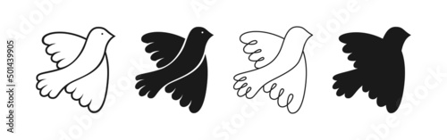 Peace symbol dove silhouette stamp, doodle outline set. Flying bird pigeon sign, pure dove icon. Freedom, Christian, humanity emblem peaceful and no war concept. Isolated logo graphic design elements