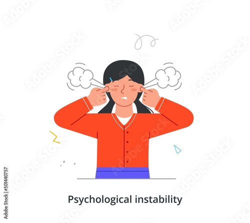 Different thoughts and feelings concept. Annoyed woman with emotional burnout plugs ears with fingers. Psychological instability and mental disorder. Cartoon flat vector illustration in doodle style