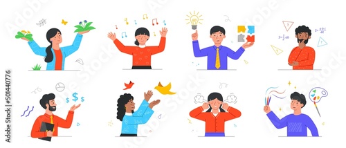 Set of people with different thoughts and feelings. Happy, sad and dreamy people with good and bad mood, problems and mental health. Cartoon flat vector collection isolated on white background