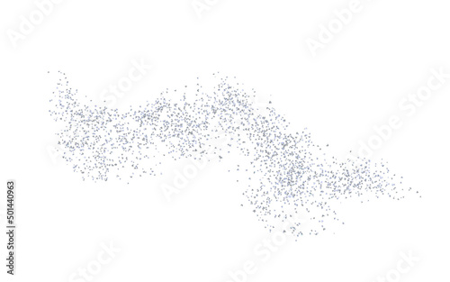 Horizontal wavy strip sprinkled with crumbs silver, gray texture. Background silverish dust on a white background. Sand particles grain or sand. Vector backdrop path pieces illustration.