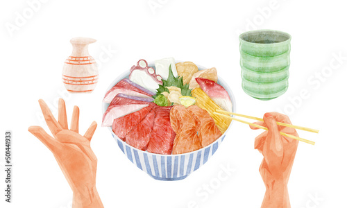 海鮮丼を食べる人手描き水彩風イラスト