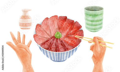 海鮮丼を食べる人手描き水彩風イラスト
