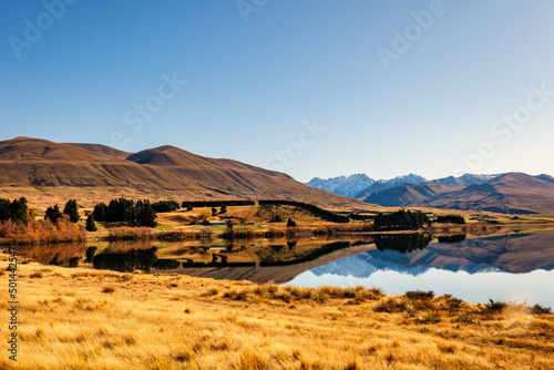 Reflections on the very calm Lake Clearwater in the Ashburton Lakes district