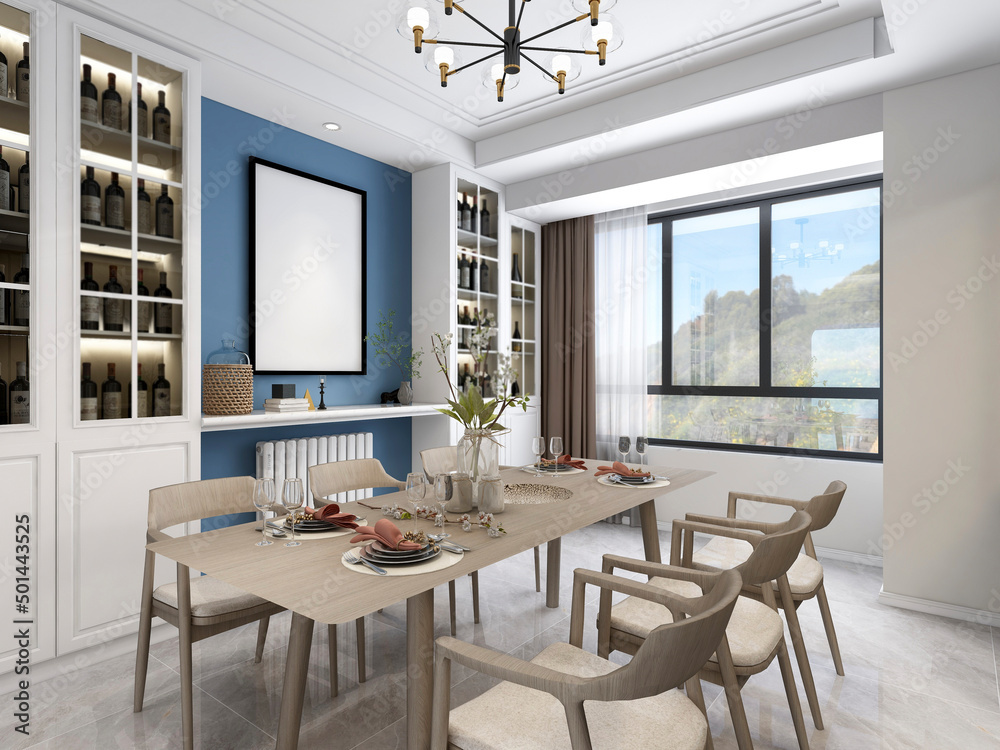 Fototapeta premium 3D rendering, warm dining room area design, wooden table and chair