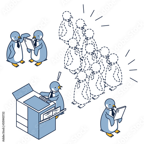 印刷機に並ぶコピー待ちのペンギンがタブレットに移行したペーパーレスなアイソメイラスト