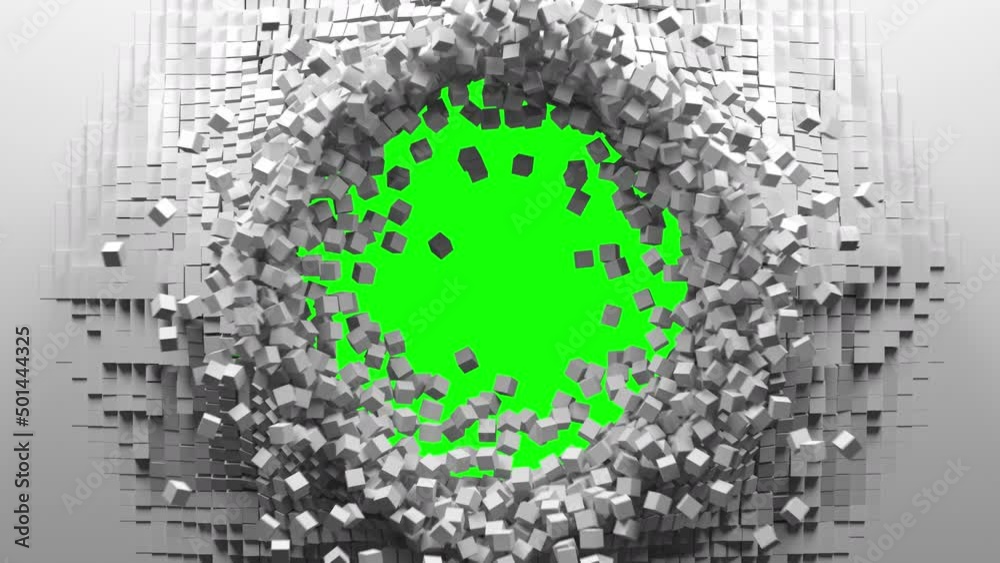 White cubes move out from center of screen, a hole formed and reveals a green chroma key. Abstract 3D animated intro. Alpha channel, transparent background ProRes 4444 in 4k UHD.
