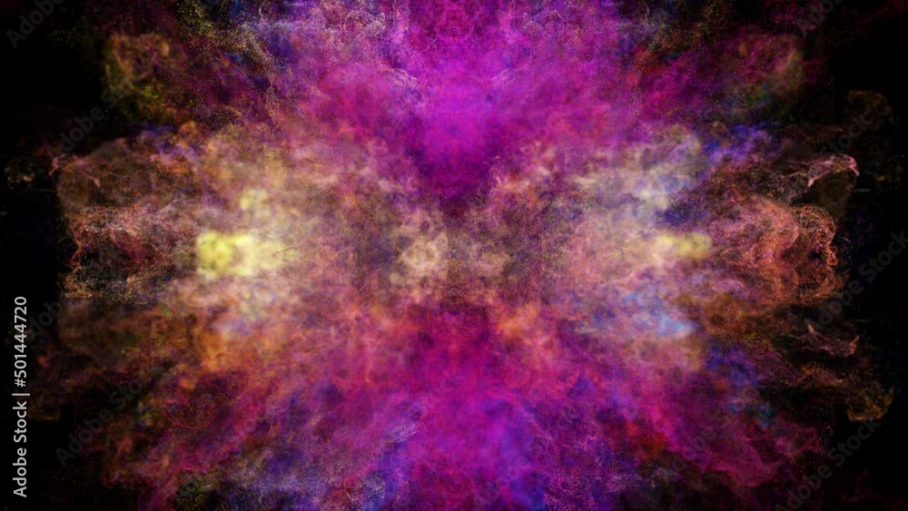 Cg animation of color powder explosion. Slow motion movement with acceleration in the beginning. Color burst iridescent rainbow smoke explosion, fluid ink particles slow motion. Has alpha matte.