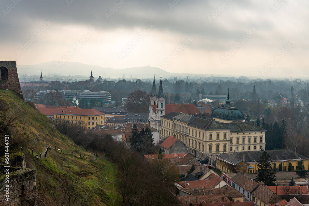 Cold snowless winter day view of Esztergom