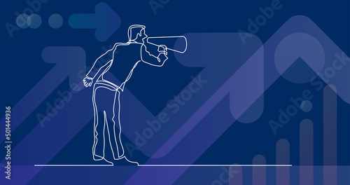 continuous line drawing of standing man shouting in megaphone