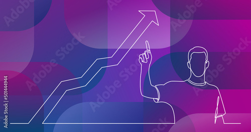 continuous line drawing of standing man pointing finger at growing graph