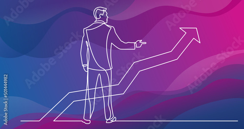 continuous line drawing of standing businessman pointing finger at growing graph