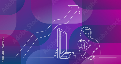 continuous line drawing of office worker concentrated behind computer with increasing graph