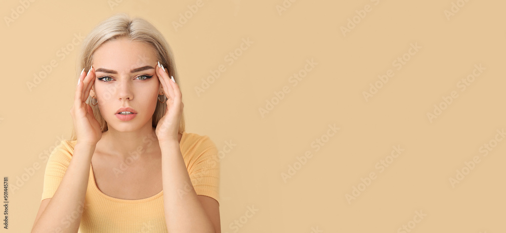 Young woman with problem of poor eyesight on color background with space for text Young woman with problem of poor eyesight on color background with space for text