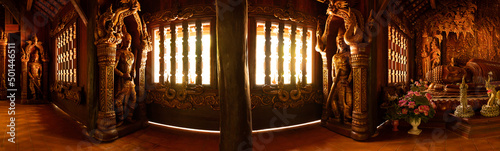 Panorama Image of Wood Carving Art in Wat Luang Khun Win photo