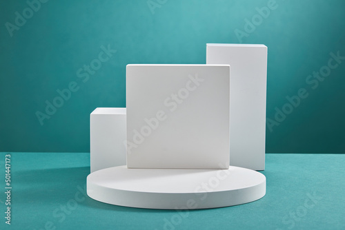 Wallpaper Mural Front view of white podium decorated in blue background  Torontodigital.ca
