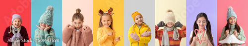 Photographie Many little girls in winter clothes on colorful background