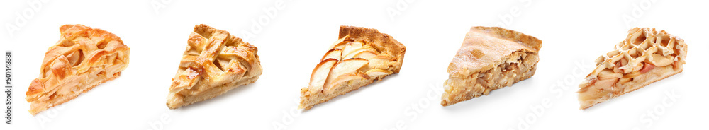 Set of tasty apple pie pieces on white background