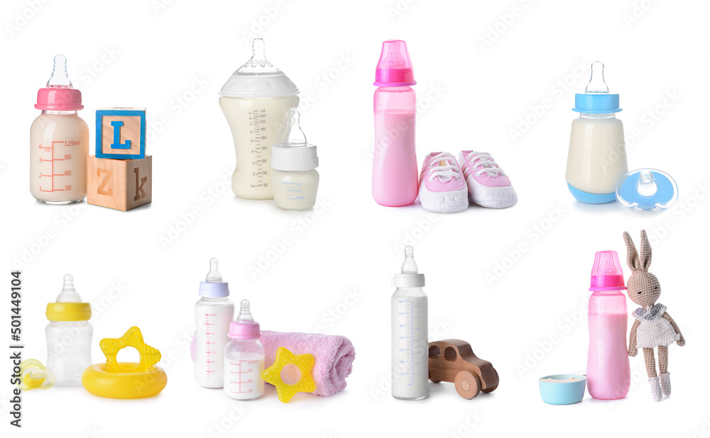 Set of bottles for baby and toys isolated on white Set of bottles for baby and toys isolated on white