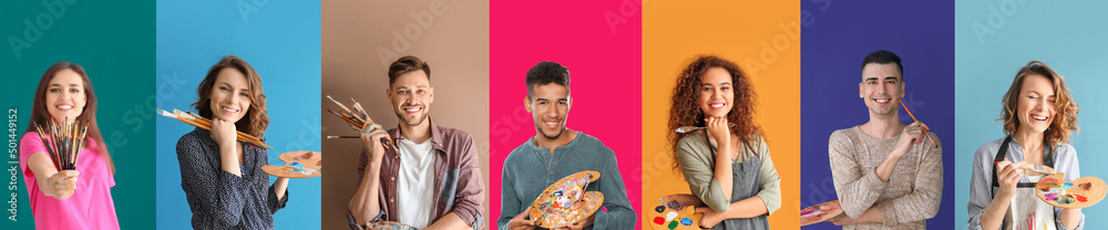 Set of young artists on colorful background - obrazy, fototapety, plakaty 