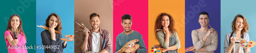 Set of young artists on colorful background photo