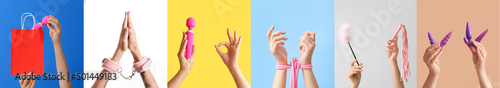 Photo Set of hands with different sex toys on colorful background