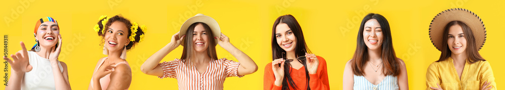 Set of many happy women on yellow background Set of many happy women on yellow background