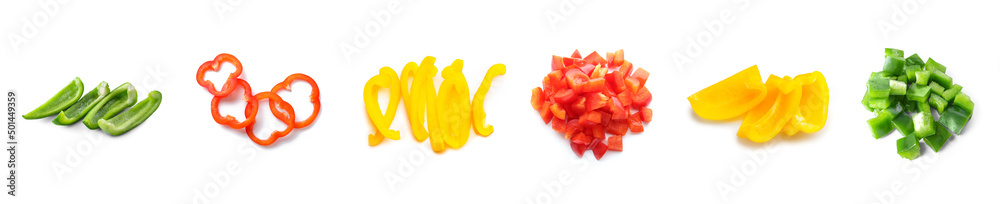 Set of colorful cut bell pepper isolated on white Set of colorful cut bell pepper isolated on white