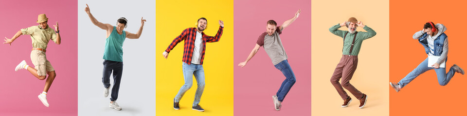 Set of happy jumping and dancing men on colorful background