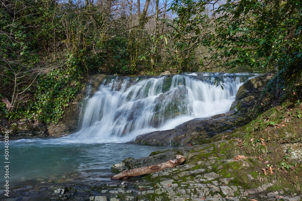 Obraz premium The jets of the waterfall flow into a mountain river flowing over mossy stones in the middle of a tropical forest.