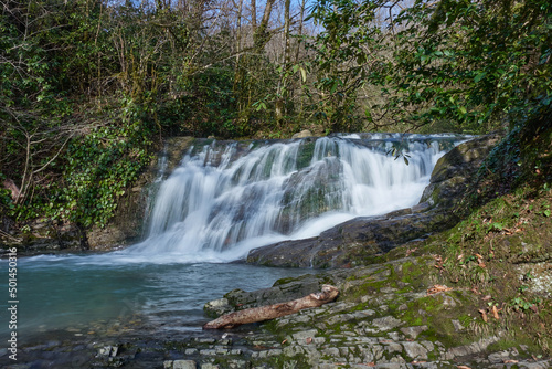 The jets of the waterfall flow into a mountain river flowing over mossy stones in the middle of a tropical forest.