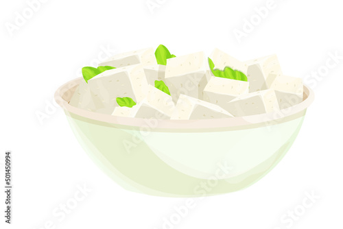 Feta cheese pieces in bowl in cartoon style detailed ingredient isolated on white background. Greek curd white cheese made from sheeps milk or milk bean. 