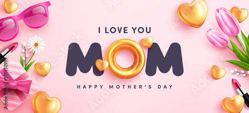 I love MOM postcard.Mother's Day Poster or banner with sweet hearts,flower and pink gift box on pink background.Promotion and shopping template or background for Love and Mother's day concept