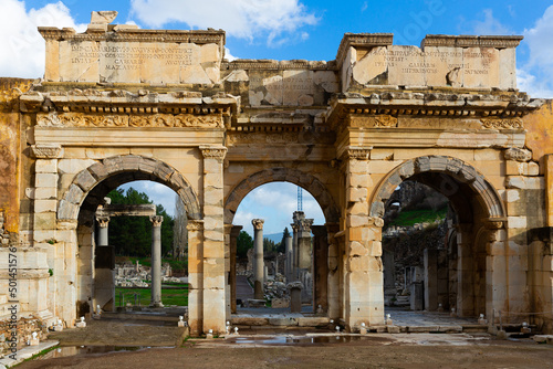 Ruins of Gate of Augustus located at Curetes Street in the Celsus Library Court in Ephesus  Turkey
