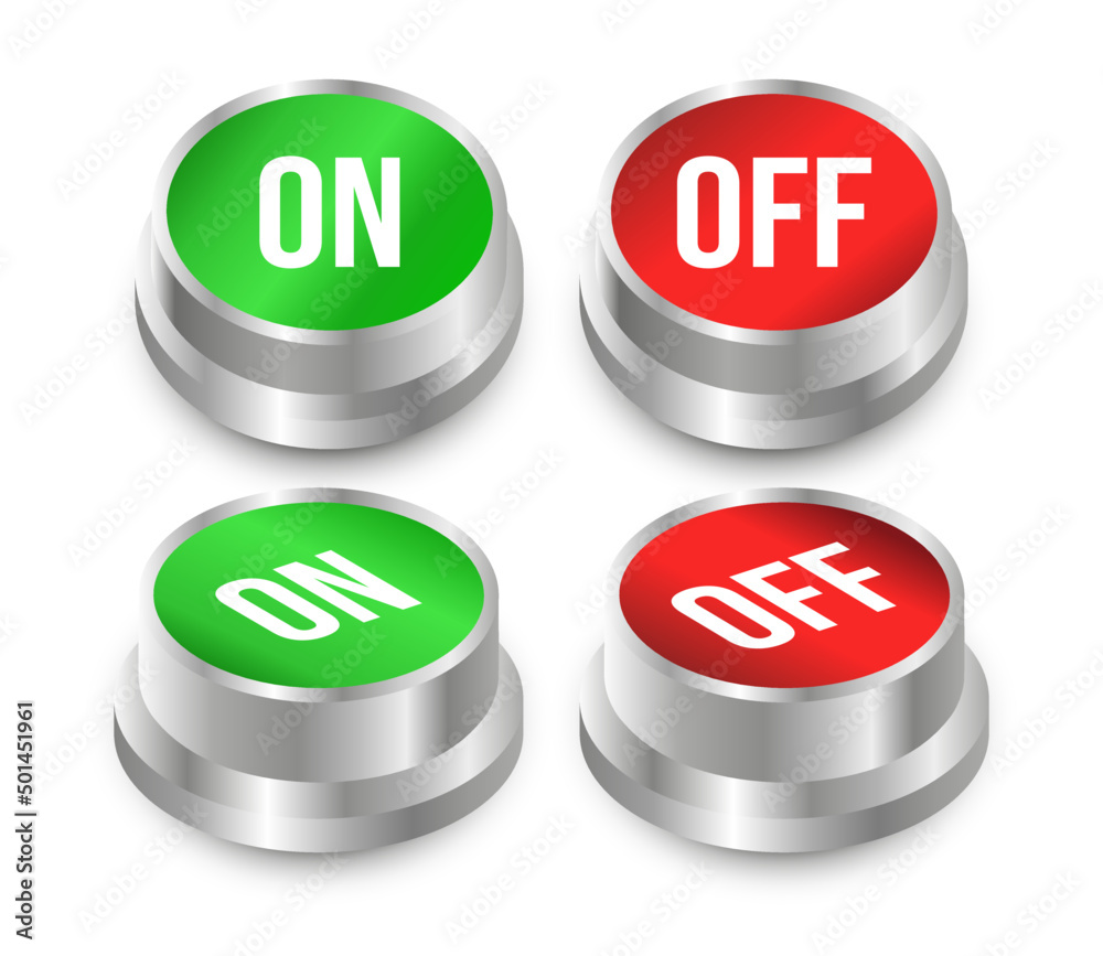3D shinny  green and red circular push button icon collection with glossy metallic. On off illustration vector symbol. Top perspective view.