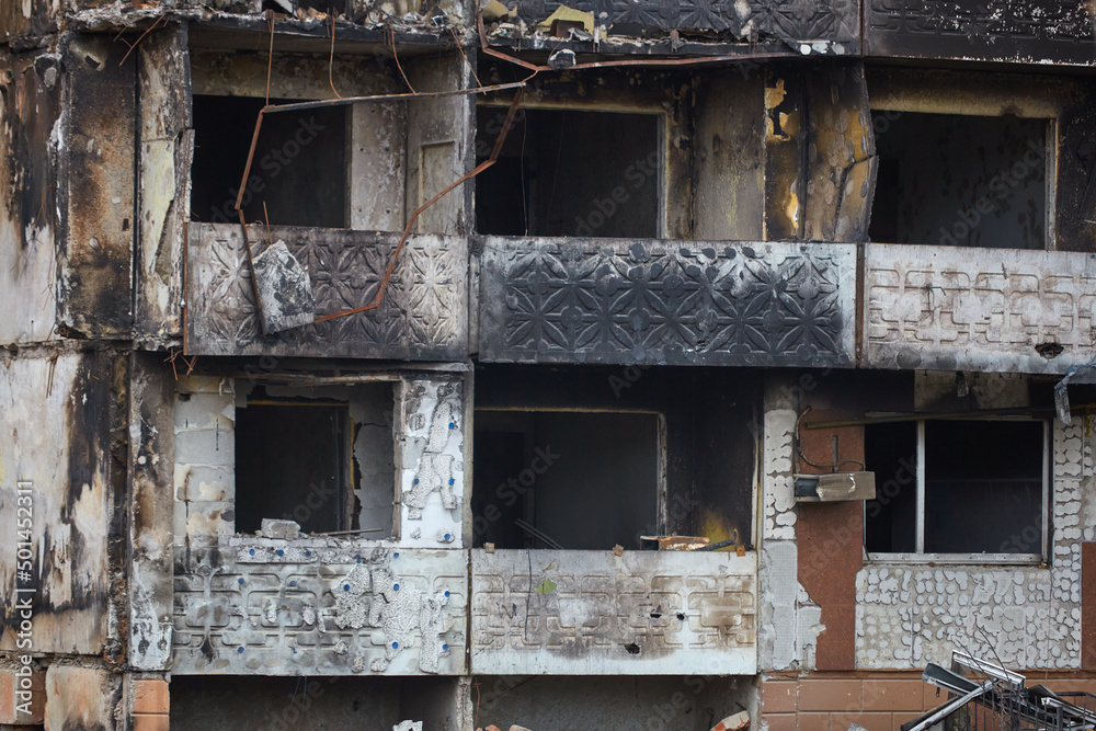 War of Russia against Ukraine. A residential building damaged by an enemy aircraft in the Ukrainian. Consequences of the war, damaged grocery market by the troops of the Russian army. War of Russia against Ukraine. A residential building damaged by an enemy aircraft in the Ukrainian. Consequences of the war, damaged grocery market by the troops of the Russian army.