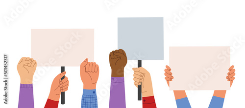 Three human hands different nationalities raised with clenched fists. Protest banner. Hand drawn vector illustration isolated on light background. Flat cartoon style.