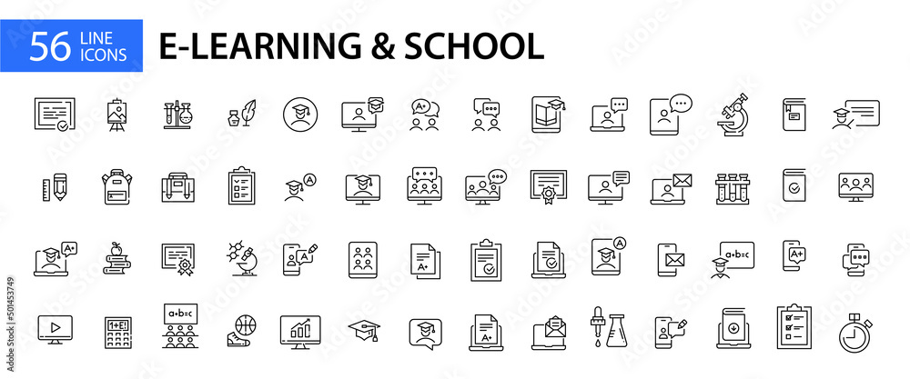56 pixel perfect line art icons. E-learning school and college education 56 pixel perfect line art icons. E-learning school and college education